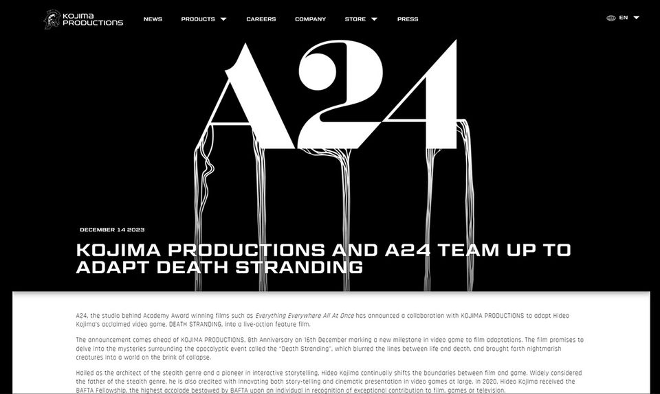 Kojima công bố hợp tác với hãng A24 làm phim Death Stranding